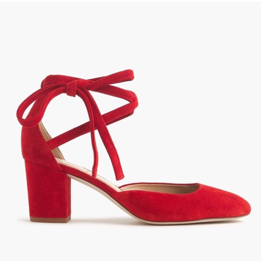 J. Crew Sophia Ankle Wrap Pumps Red Suede Size 7.5